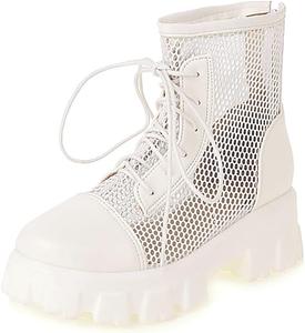 Женские ботильоны VOKLIN с круглым носком, с сетчатыми вставками в стиле вестерн, для верховой езды, на шнуровке и молнии, на платформе с средним каблуком, White/50-5