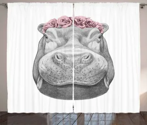 Штора в деревенском стиле Бегемот от ABAKUHAUS, набросок портрета животного, присборенная штора из тесьмы для спальни с петлями и крючками, 280 x 225 см, светло-розовый, светло-серый и серый Abakuhaus