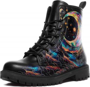 Женские ботинки на солнечную и лунную тематику, бохо-стиль, ботильоны до щиколотки, водонепроницаемые, из искусственной кожи, готические, ведьминские, на шнуровке, массивные AWSOLE, Black-Colorful
