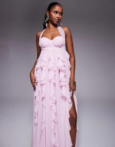 Платье макси ASOS LUXE с бретельками через шею и оборками-водопадами сиреневого цвета