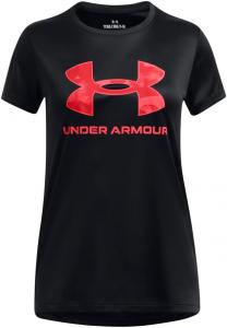 Футболка Under Armour Girls с короткими рукавами и большим логотипом Tech Print, (007) Black/Racer Red