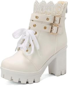 Женские платформенные ботильоны на щиколотке, мода, двойная пряжка, массивный каблук, боевые ботинки, шнуровка, ботильоны на высоком каблуке JMdfcqer, White