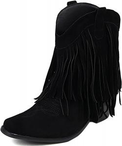 Женские ковбойские ботинки Alsoloveu с бахромой, вышивкой и западным стилем, ботильоны на щиколотку с заостренным носком, массивным каблуком и кисточками, Black