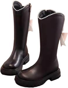 Вестерн-сапожки для девочек 3-11 лет с милыми жемчужными бантиками, сапожки для верховой езды, винтажные высокие сапоги ниже колена с массивным плоским каблуком Ctreela, Black