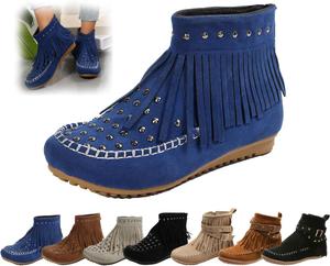 Ботинки в стиле бохо с бахромой, замшевые с кисточками, модные, на молнии, короткие зимние теплые стильные вестерн-ботинки для улицы Generic, Blue