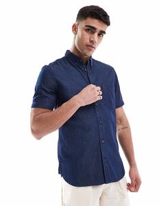 Рубашка из денима шамбре French Connection синего цвета с короткими рукавами