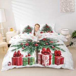 Erosebridal Комплект постельного белья с новогодним принтом ёлки и снежинками в красно-бело-зелёной гамме, Red Green and White
