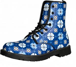 Женские короткие ботинки с принтом на шнуровке, с широким каблуком, боевые ботильоны для девушек и женщин, осенние и зимние, с рисунком роз, черепов, бабочек и мультяшных узоров Maimeili, Blue And White Porcelain 1