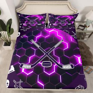 Erosebridal Комплект постельного белья Hockey с геометрическим медовым узором в фиолетово-черных неоновых тонах, Multi 30