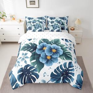 Erosebridal Комплект постельного белья Palm Leaf с синим тропическим цветочным принтом из полиэстера, Blue White