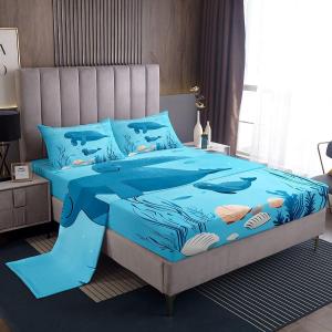 Erosebridal Комплект постельного белья Marine Seal Blue White с подводными морскими животными и ракушками в мультяшном стиле кавайи для детей, White Blue Beige