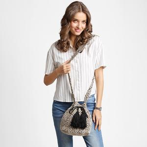 Бохо-плетеная сумка-ведро с племенным узором и кистями на шнурке FASHNZFAB, черный