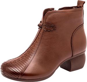 Женские кожаные модные ботильоны на молнии, осенне-зимние удобные короткие ботинки на низком устойчивом каблуке с вышивкой AngryMonkey, Brown Velvet