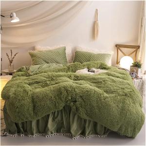 Zixmix Комплект постельного белья из зеленого плюшевого бархата с простеганной бахромой и рюшами Green