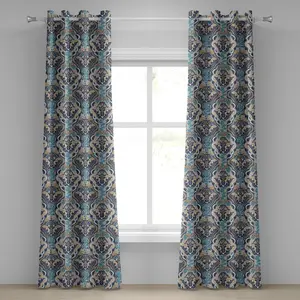 Шторы на люверсах ABAKUHAUS в азиатском стиле с винтажным восточным абстрактным цветочным узором и решетчатыми линиями в стиле листьев, декоративные двухпанельные шторы, 280 см x 260 см, выбеленный и темно-сине-бежевый цвет Abakuhaus