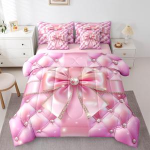 Erosebridal Комплект постельного белья Pink Ribbon Bow с 3D геометрическим принтом, блестками и жемчужным узором в стиле кокетт, Pink