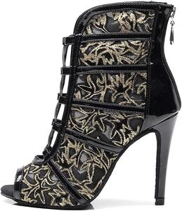 Женские Бальные Танцевальные Туфли DKZSYIM на Высоком Каблуке с Ботильонами для Танцев, Модель QJW1023, Black+Gold-3 1/3" Heels-Zg-Rubber Sole-1023