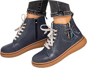 Женские ботильоны на низком каблуке, винтажные повседневные короткие ботинки на осень 2025 года, с поддержкой свода стопы, модные шнуровкой, боковой молнией, ретро кожаные ботильоны, удобные для ходьбы, с амортизацией, плоская подошва JYSwoshoe, Dark Blue