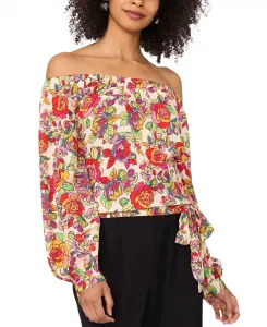 Женская блузка с цветочным принтом, с открытыми плечами, длинными рукавами и завязкой спереди Vince Camuto, розовый