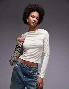 Лонгслив из модала ASOS DESIGN с длинными рукавами и драпировкой спереди кремового цвета