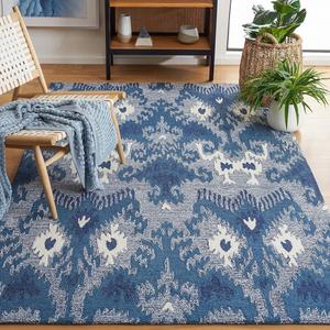 Ковер SAFAVIEH, 183 x 183 см, Ikat Collection, Blue & Ivory, ручной работы из bohemian шерсти, идеален для помещений с высокой проходимостью в гостиной, спальне (IKT652M)