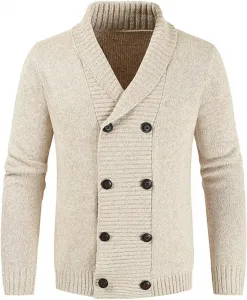 Wankang мужской кардиган с шалью воротником, двойная застежка, кабельная вязка, утепленный, slim fit