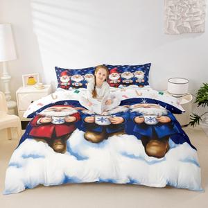Erosebridal Комплект постельного белья с новогодним принтом гномов и Санта Клауса в сине-красно-белой гамме, Blue Red White