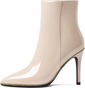 Женские ботильоны Eldof с бисером, закрытым заостренным носком, на высоком каблуке-стилетто, с боковой молнией, каблук 3,5 дюйма, Beige