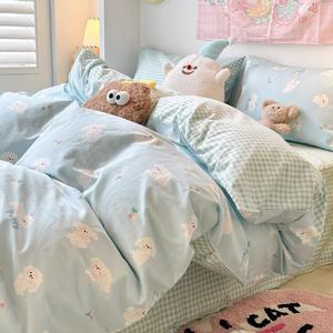 MUJI Комплект постельного белья 4 предмета, 200 см, простыня, пододеяльник 220x240 см, голубой с щенками