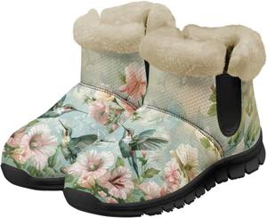 Зимние сапоги для женщин с теплым плюшем и искусственным мехом, уютные сапожки для дома, для улицы, зимние ботильоны Chririnla, Green Flower Hummingbirds