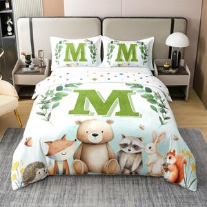 Erosebridal Комплект постельного белья из 100% хлопка с принтом лесных животных и инициалами, Green M