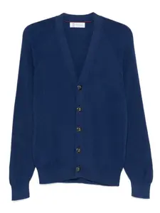 Трикотажный пуловер с v-образным вырезом и пуговицами Brunello Cucinelli, синий