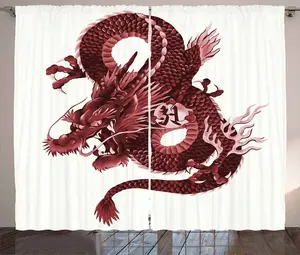 Штора ABAKUHAUS Дракон в деревенском стиле, японский элегантный монстр, универсальные ленточные шторы для гостиной с петлями и крючками, 280 x 175 см, нежно-розовый и бордовый Abakuhaus