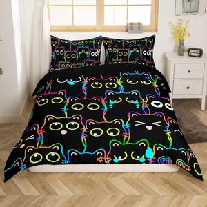 Erosebridal Комплект постельного белья Kids Black Cat с милыми котиками в градиентной расцветке, кавайный дизайн для мальчиков и девочек, Black Yellow Blue