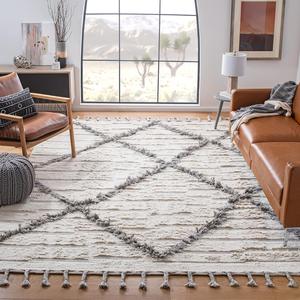 Ковер SAFAVIEH, 244 x 305 см, - коллекция Kenya - большой - Ivory & Grey, ручной работы из шерсти, марокканский богемный племенной дизайн с кистями, идеально для гостиной, спальни, столовой (KNY954A)