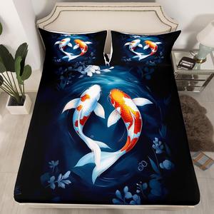 Erosebridal Комплект постельного белья Koi Fish Bedding с ретро-цветочным принтом в морском стиле, Blue White