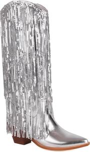 Ковбойские сапоги для женщин и девушек Metalic Fringe с блестками и стразами для рейва - сексуальные западные ковбойские сапоги средней высоты с кисточками и блестками, противоскользящей подошвой, поддержкой свода стопы и низким каблуком Zenrave, Silver