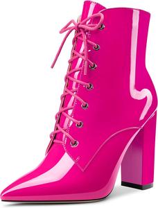 Женские ботильоны Aachcol, короткие ботинки с закрытым заостренным носком, на массивном высоком каблуке, лакированные, на шнуровке, каблук 4 дюйма, Magenta Red