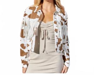 Полуночное родео джинсовая куртка с коровьим принтом и кисточками в коричнево-белом цвете Baevely by Wellmade