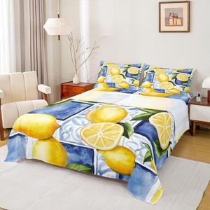 Erosebridal Комплект постельного белья Yellow Lemon с фруктовым принтом и геометрическим узором в синих тонах, Yellow Blue White Green