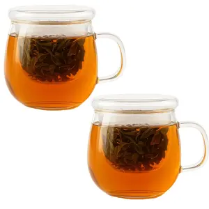 Набор из 2 стеклянных чашек с ситечком и крышкой, 440 мл - боросиликатное стекло, термостойкое, современное Festa Italia