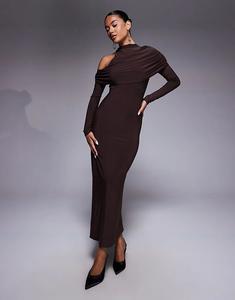 Платье миди ASOS DESIGN с высоким воротом и открытыми плечами шоколадного цвета