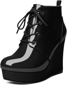 Younton Женские ботильоны на танкетке, ботинки с платформой, короткие ботильоны, с круглым носком, шнуровкой, на танкетке, сапоги, 10,2 см, теплые нарядные ботинки для вечеринок, вечерняя обувь