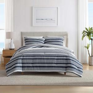 Nautica Комплект постельного белья King, дизайн "Береговая линия", синий в полоску, наволочки на пуговицах, мягкое