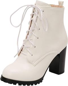Женские ботильоны на шнуровке с массивным высоким каблуком, платформой и модным закругленным носком. Ботинки с каблуком, военные, с рифленой подошвой и устойчивым каблуком, мотоциклетные короткие ботильоны с боковой молнией. Generic, White
