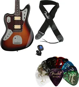 Fender Kurt Cobain Jaguar левосторонняя - 3-тона Sunburst с грифом из розового дерева. Набор с ремнем Fender 2" из полиэстера с логотипом - черный с белым логотипом... (4 предмета)