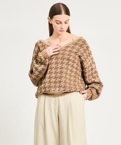 Вязаный свитер с V-образным вырезом и узором «гусиная лапка» Column, цвет Beige