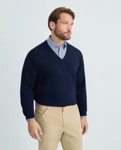 Джемпер мужской больших размеров с V-образным вырезом, гладкий, из мериносовой шерсти Emidio Tucci, темно-синий