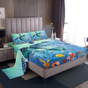 Erosebridal Комплект постельного белья King Size с 3D принтом морских черепах в сине-зеленых тонах, Multi 16