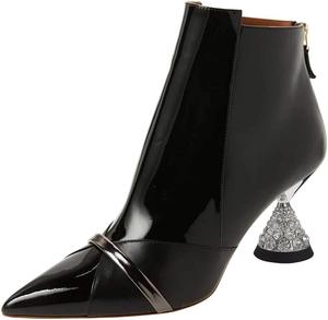 Женские глянцевые ботильоны FSJ с средним каблуком, зауженным носком, челси с молнией, осенние модные зимние туфли, размер 4-15 US, Black Crystal Heel
